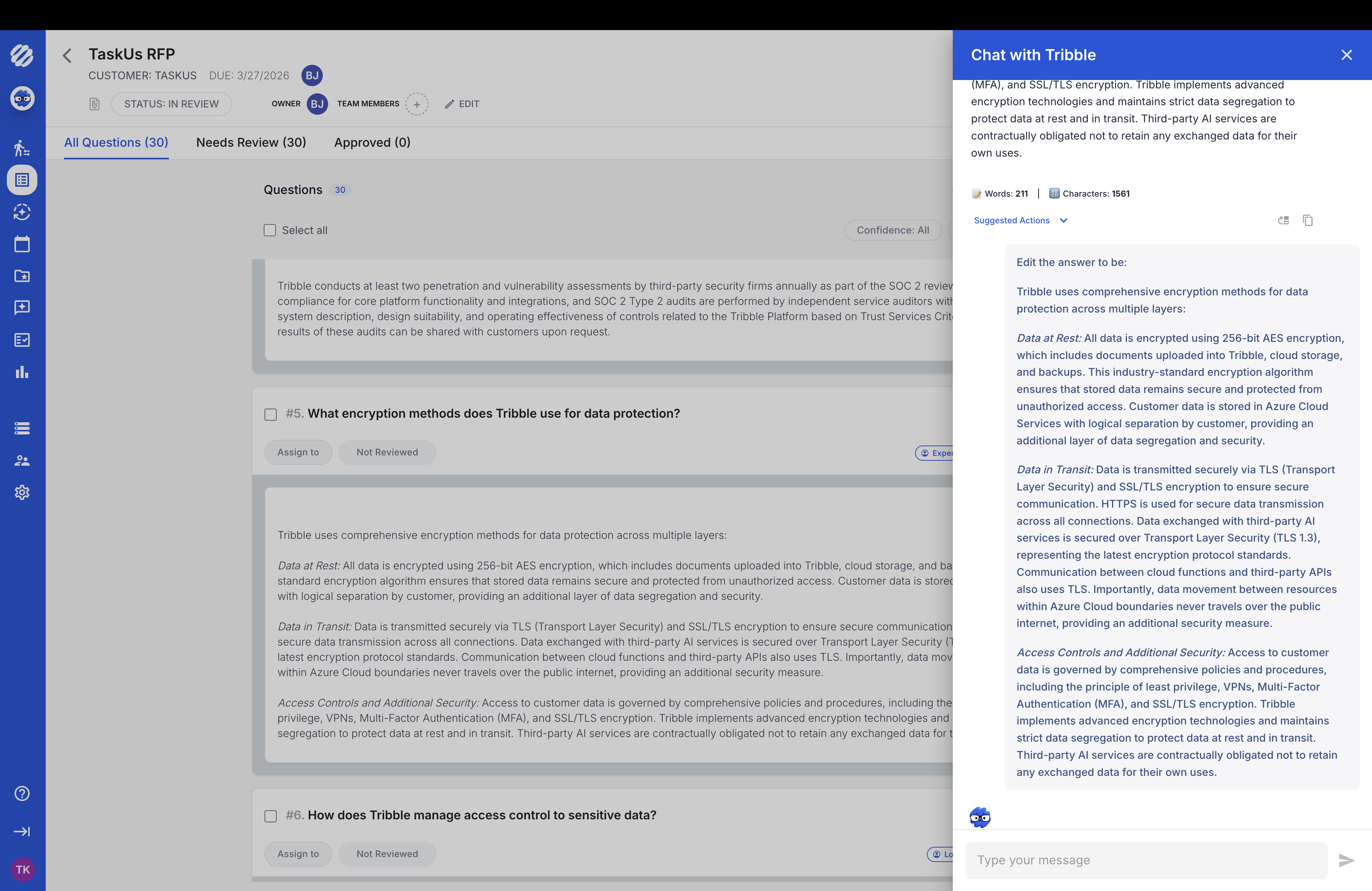 Tribble Respond - Chat with Tribble AI answering RFP questions